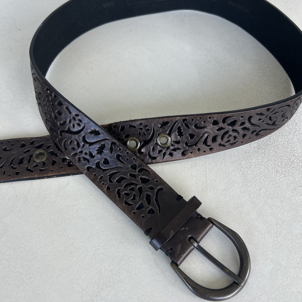 Vtg Fossil Leather Belt Laser‎ Cut Small 30-33 Brown Western Boho Chunky